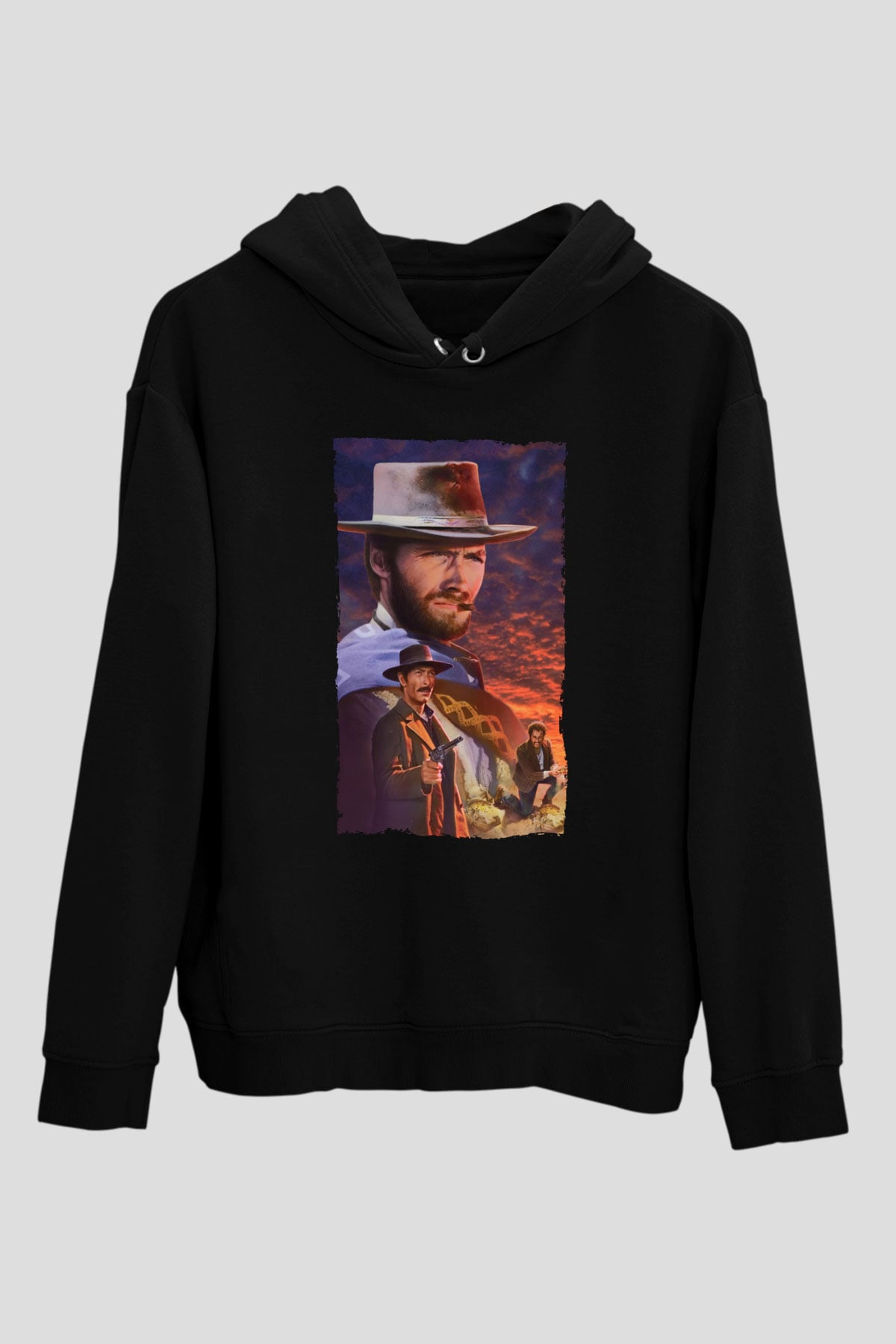 Unisex İyi, Kötü ve Çirkin (The Good, the Bad and the Ugly) Baskılı Siyah Kapüşonlu Sweatshirt