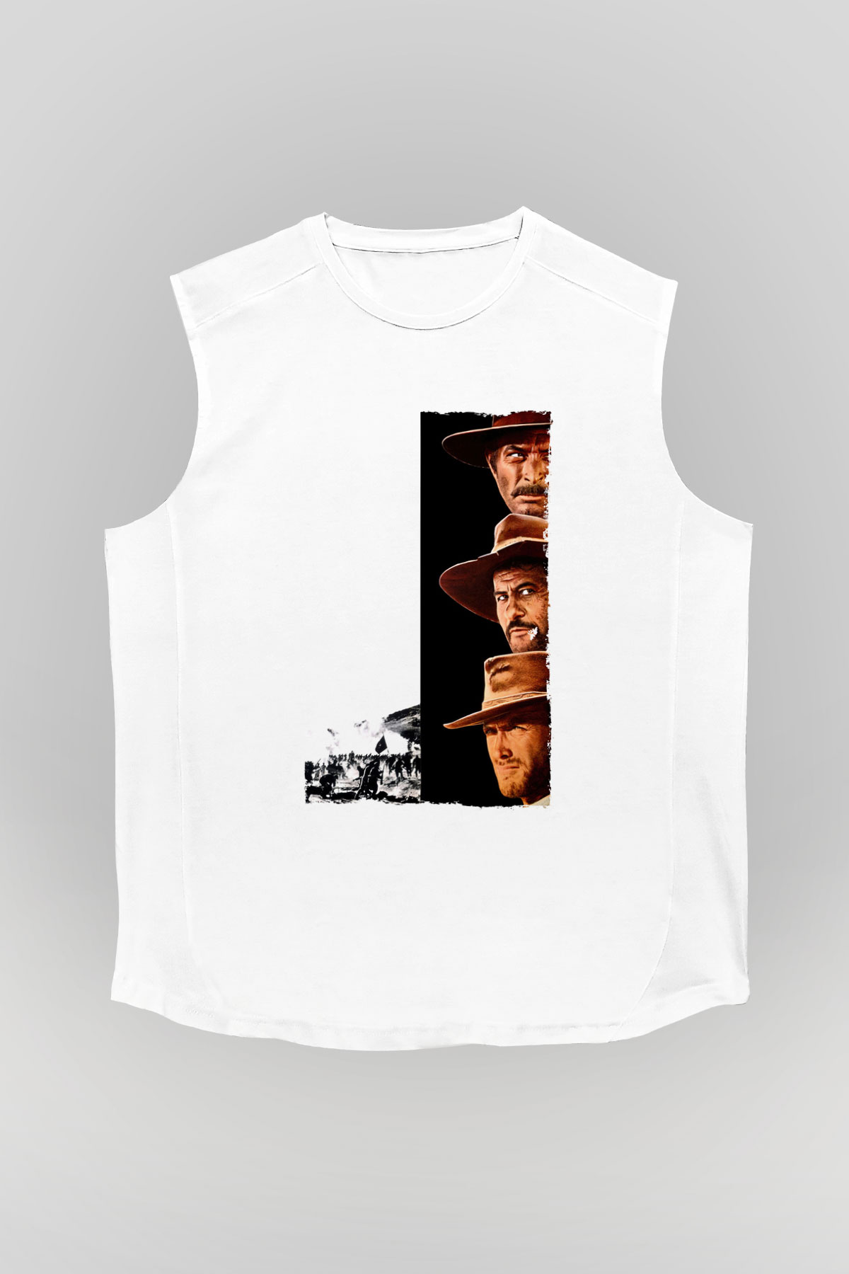 Unisex İyi, Kötü ve Çirkin (The Good, the Bad and the Ugly) Baskılı Beyaz Kolsuz T-shirt