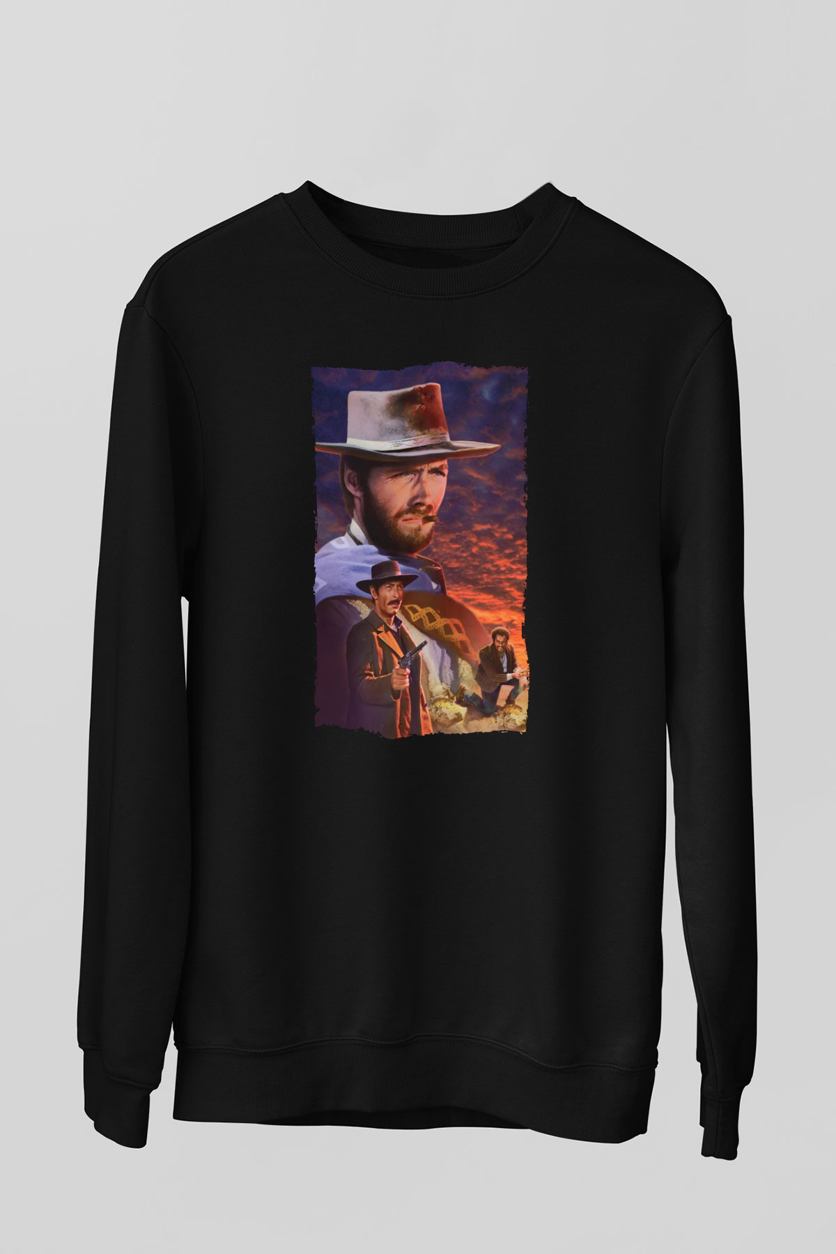 Unisex İyi, Kötü ve Çirkin (The Good, the Bad and the Ugly) Baskılı Siyah Sweatshirt