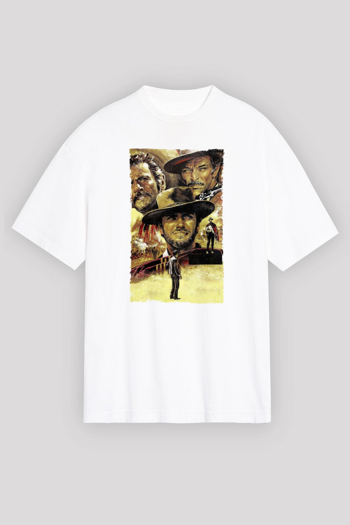 Unisex İyi, Kötü ve Çirkin (The Good, the Bad and the Ugly) Baskılı Beyaz Oversize Tişört
