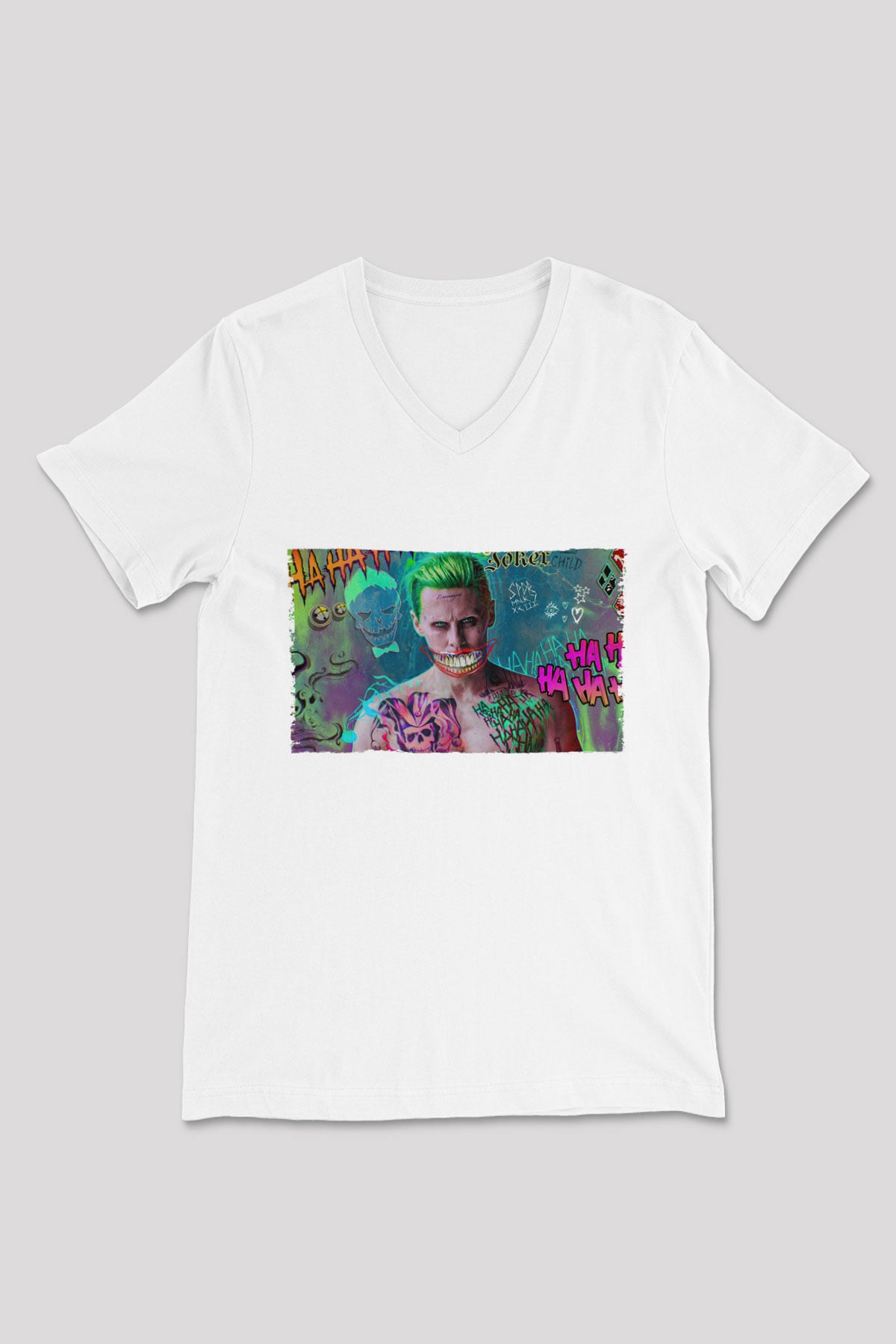 Unisex Jared Leto Joker Fanart Baskılı Beyaz V Yaka Tişört