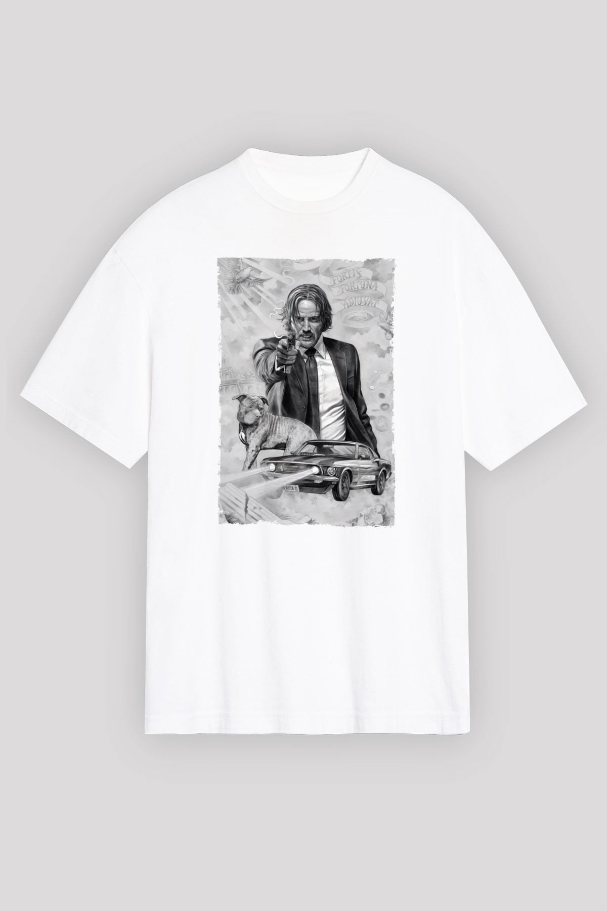 Unisex John Wick Baskılı Beyaz Oversize Oversize T-shirt