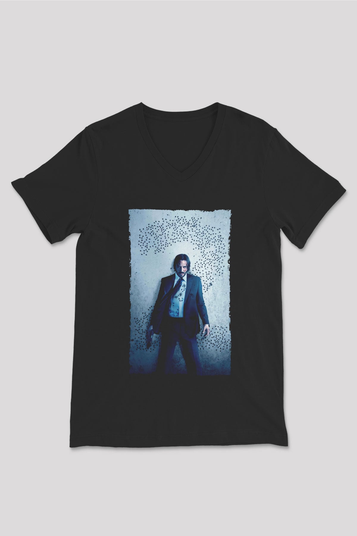 Unisex John Wick Baskılı Siyah Unisex V Yaka T-shirt