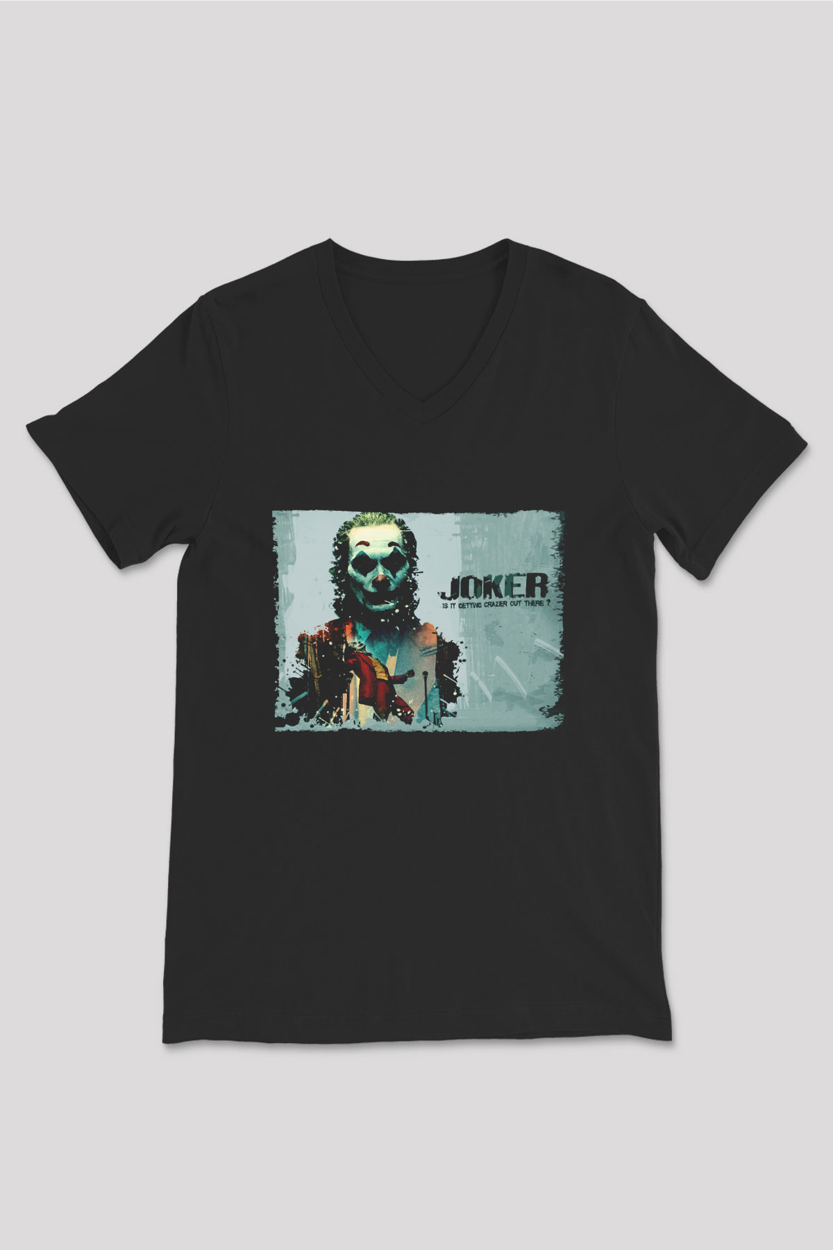 Unisex Joker Baskılı Siyah V Yaka Tshirt
