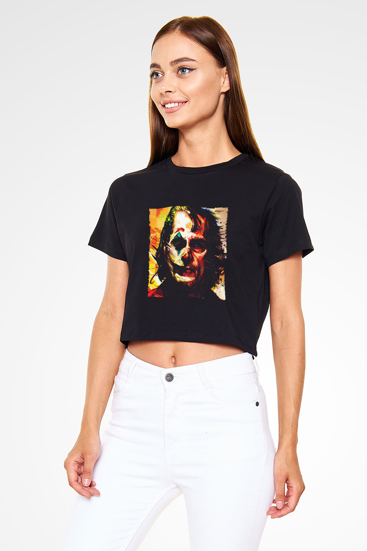 Unisex Joker Temalı Baskılı Siyah Crop Top Tshirt