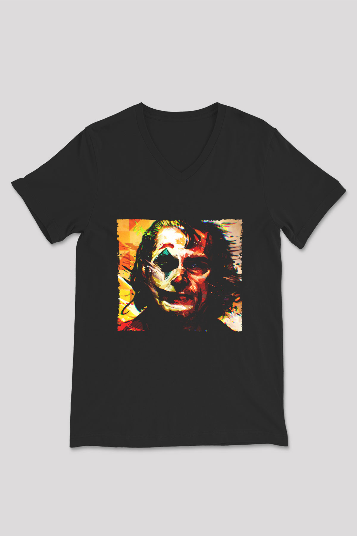 Unisex Joker Temalı Baskılı Siyah V Yaka Tshirt