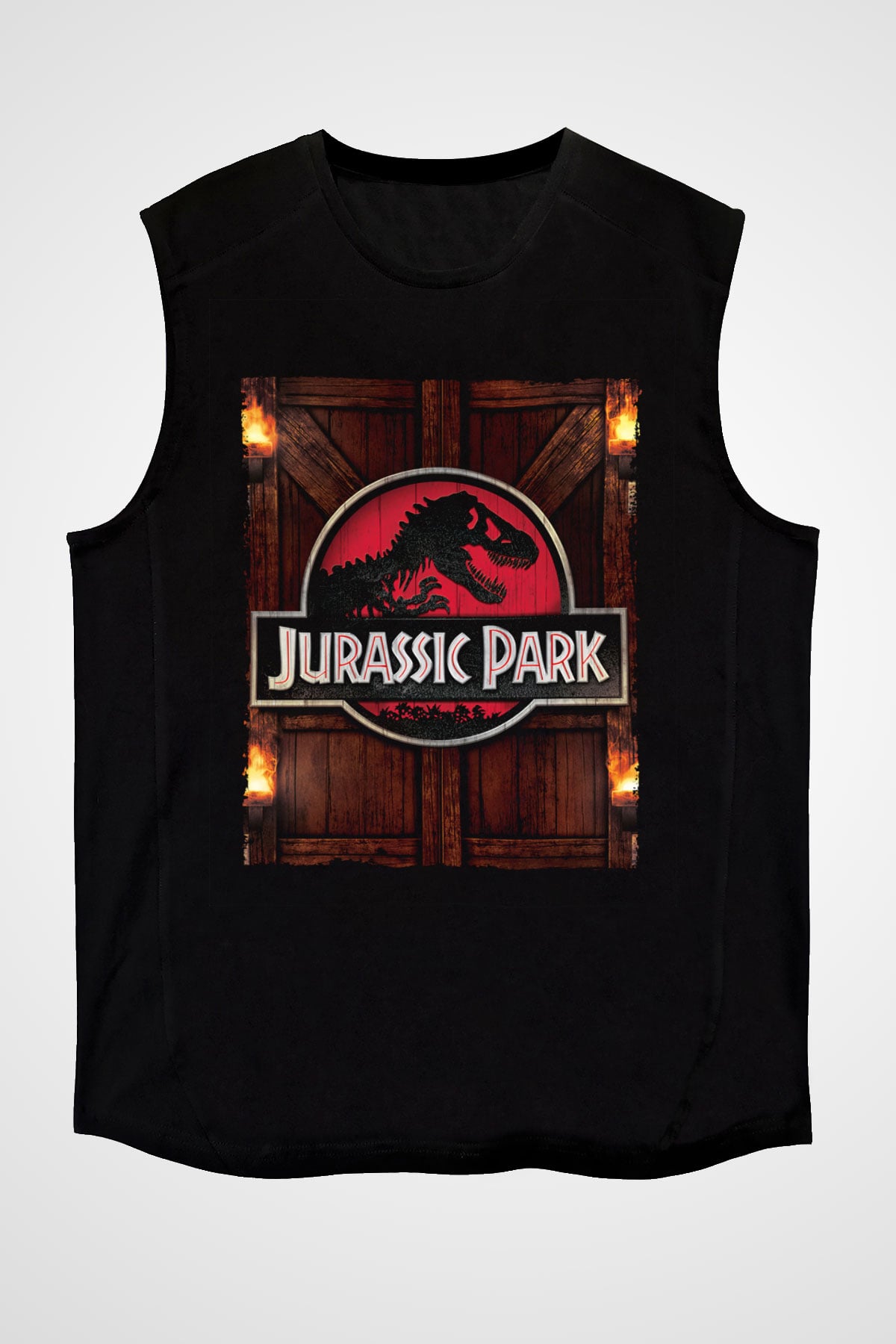 Unisex Jurassic Park Baskılı Siyah Kolsuz T-shirt