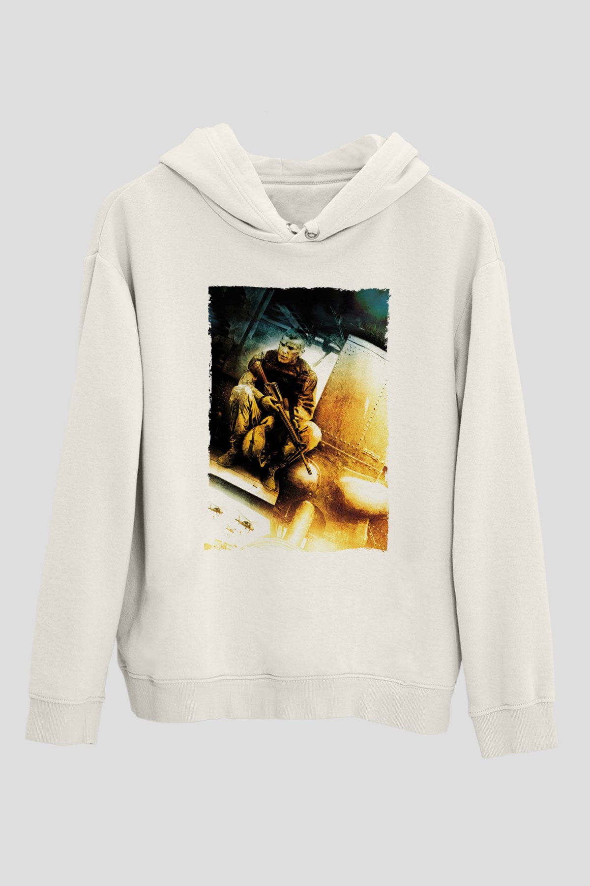 Unisex Kara Şahin Düştü - Black Hawk Down Baskılı Beyaz Kapüşonlu Sweatshirt