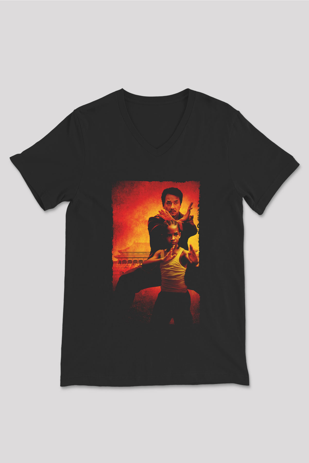 Unisex Karateci Çocuk (The Karate Kid) Baskılı Siyah V Yaka Tshirt