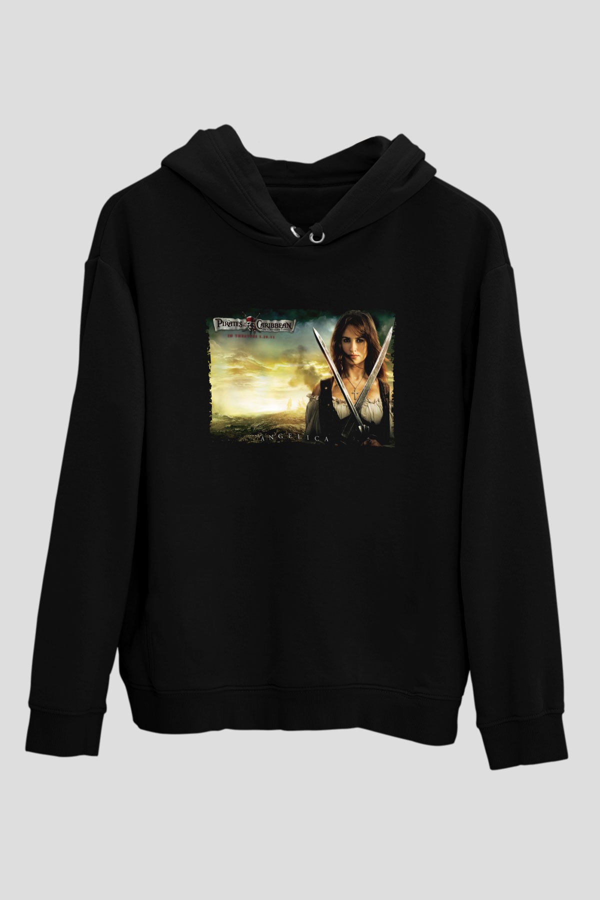Unisex Karayip Korsanları Gizemli Denizlerde (Pirates of the Caribbean On Stranger Tides) Baskılı Siyah Kapüşonlu Sweatshirt