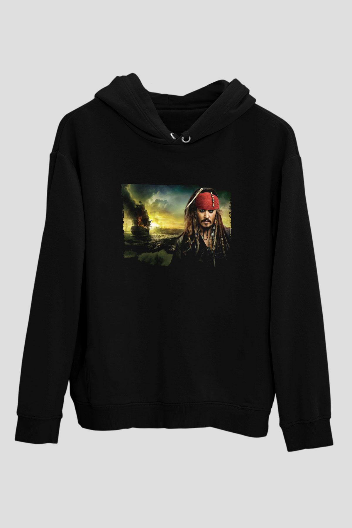 Unisex Karayip Korsanları Gizemli Denizlerde (Pirates of the Caribbean On Stranger Tides) Baskılı Siyah Kapüşonlu Sweatshirt