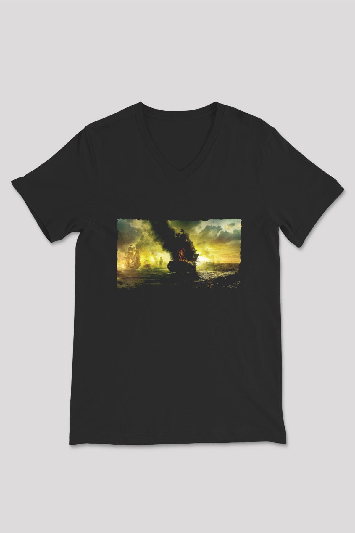 Unisex Karayip Korsanları Gizemli Denizlerde (Pirates of the Caribbean On Stranger Tides) Baskılı Siyah Unisex V Yaka Tişört