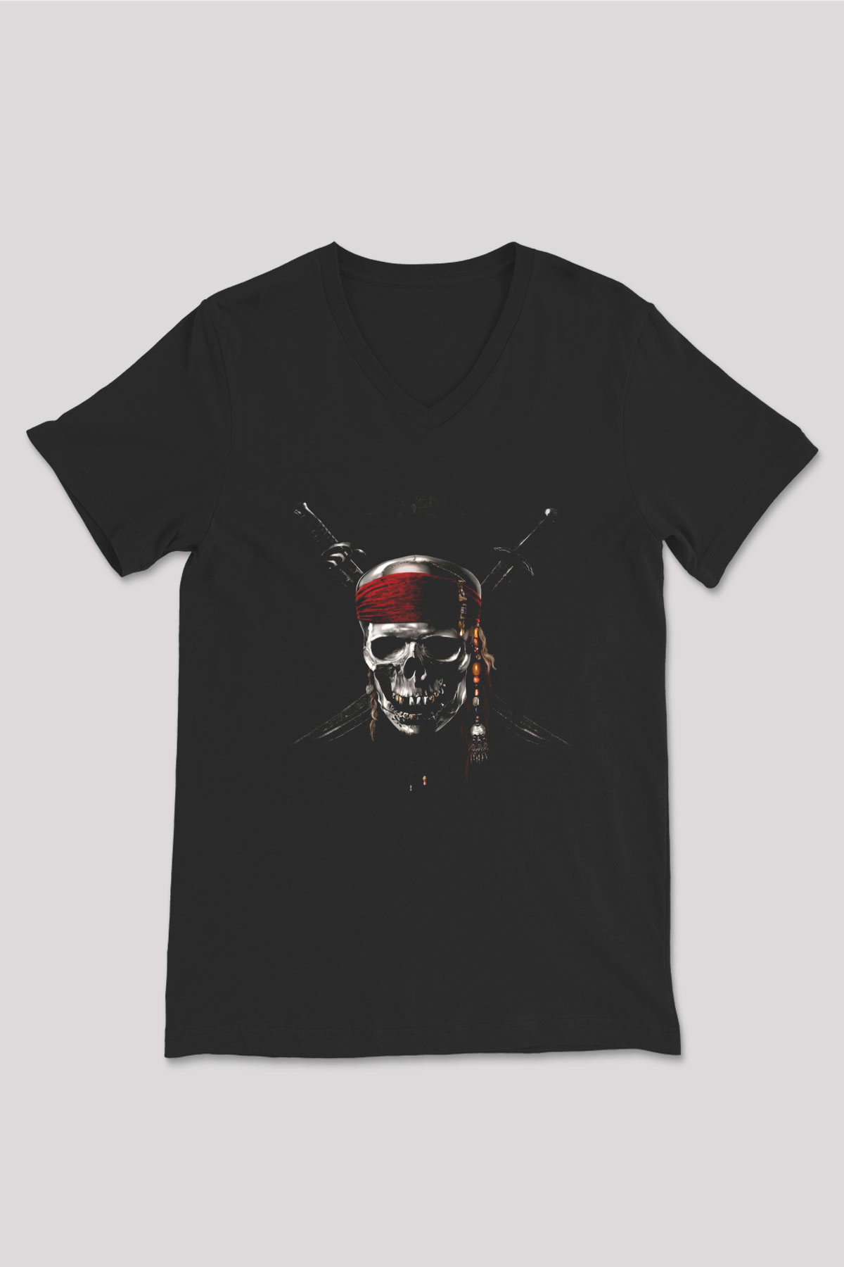 Unisex Karayip Korsanları (Pirates of the Caribbean) Baskılı Siyah V Yaka Tshirt