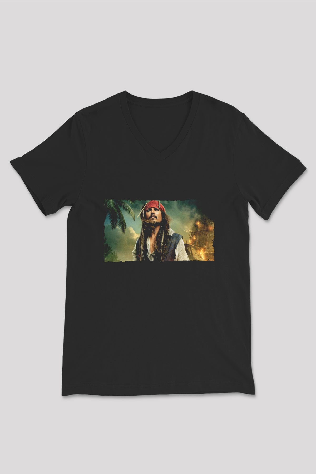 Unisex Karayip Korsanları (Pirates of the Caribbean) Siyah V Yaka Tshirt