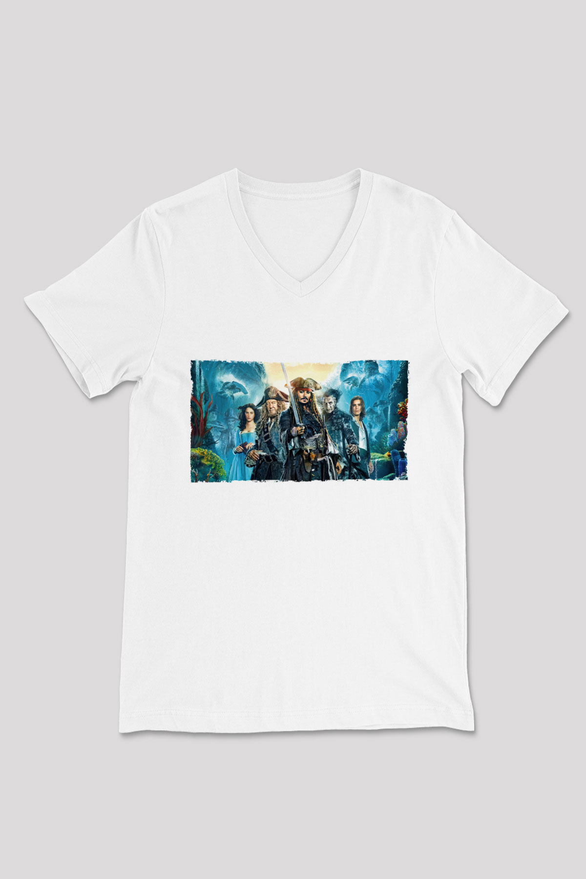 Unisex Karayip Korsanları (Pirates of the Caribbean) Baskılı Beyaz V Yaka Tshirt