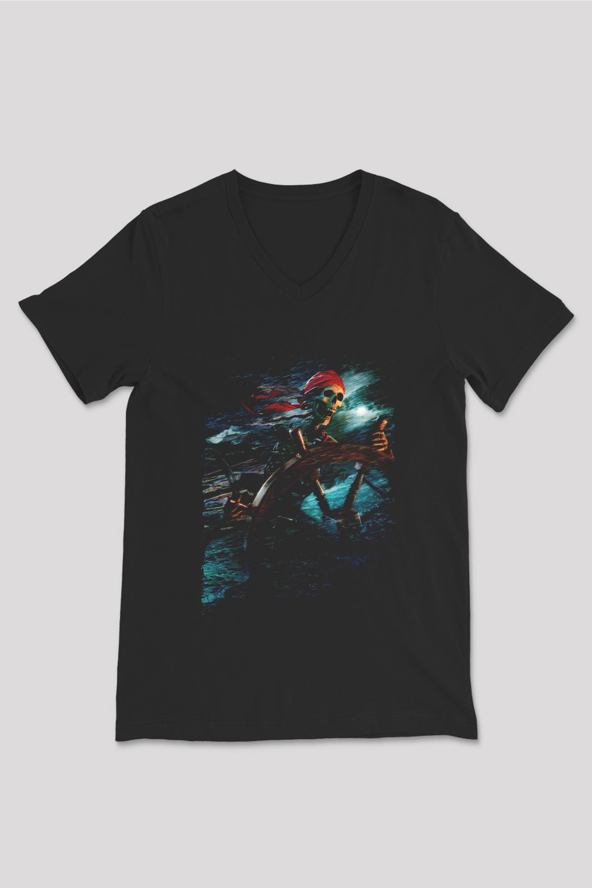 Unisex Karayip Korsanları (Pirates of the Caribbean) Baskılı Siyah Unisex V Yaka Tshirt