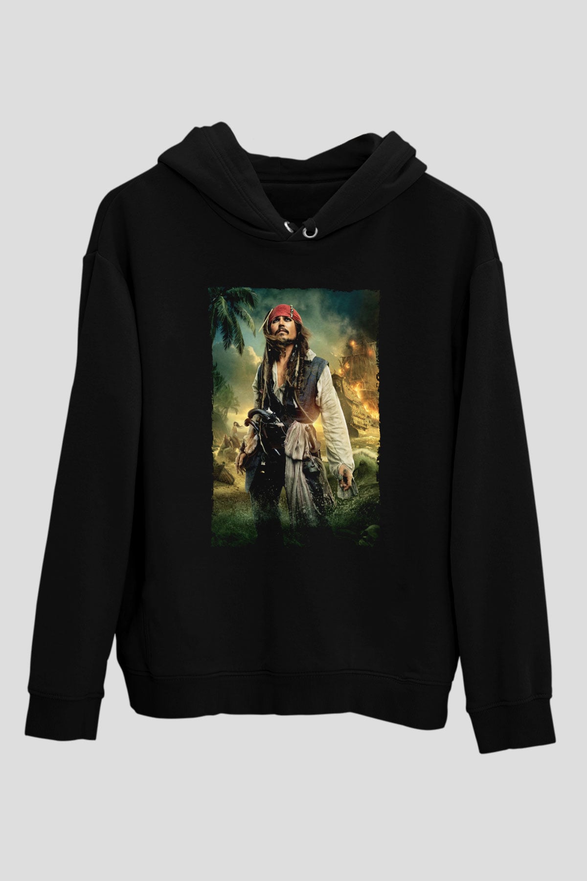Unisex Karayip Korsanları (Pirates of the Caribbean) Baskılı Siyah Unisex Kapüşonlu Sweatshirt