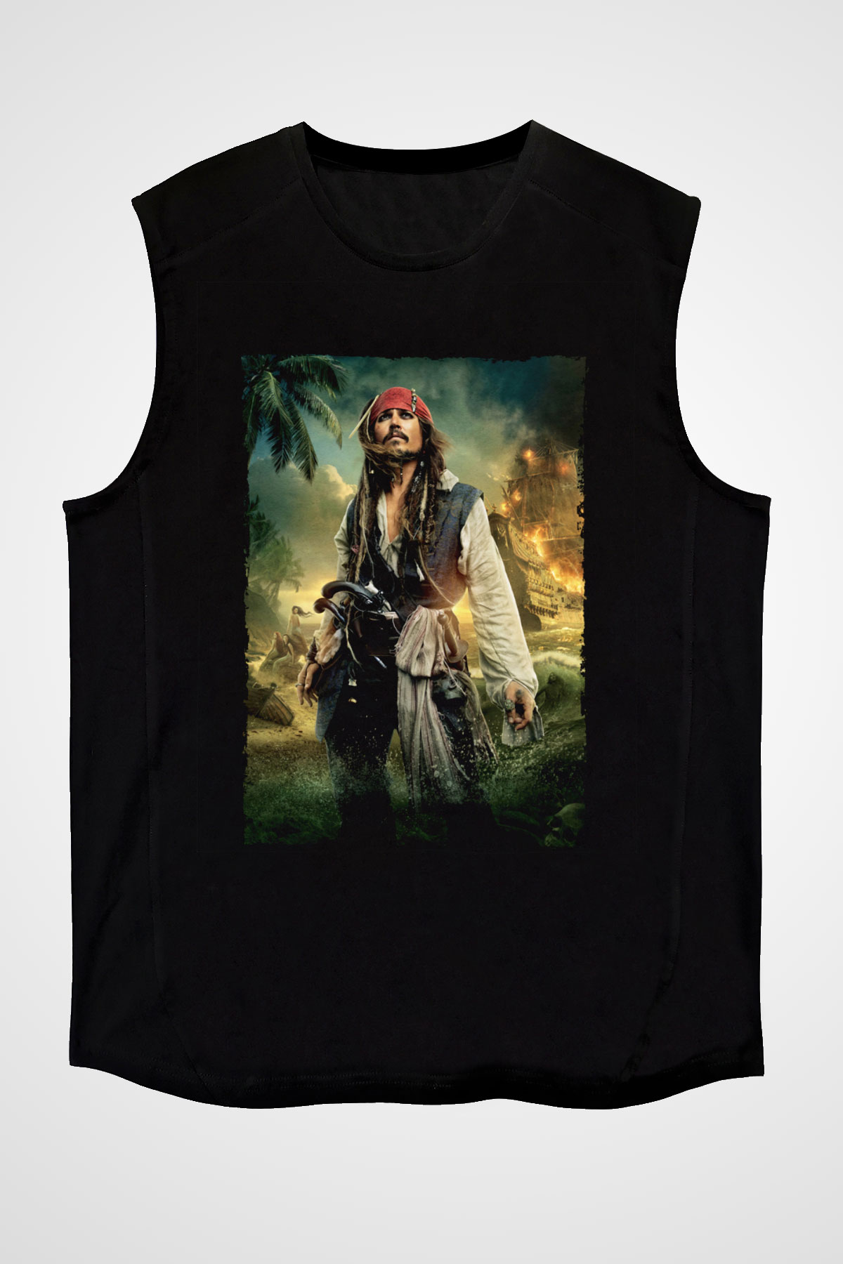 Unisex Karayip Korsanları (Pirates of the Caribbean) Baskılı Siyah Unisex Kolsuz Tişört