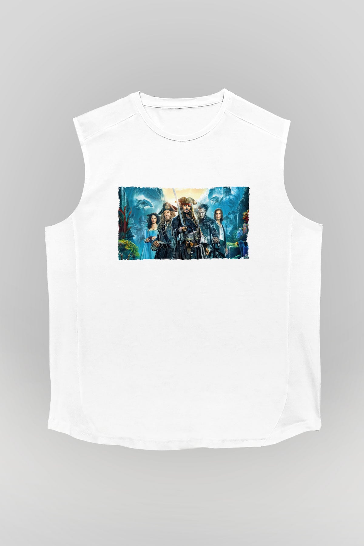 Unisex Karayip Korsanları (Pirates of the Caribbean) Baskılı Beyaz Kolsuz Tshirt