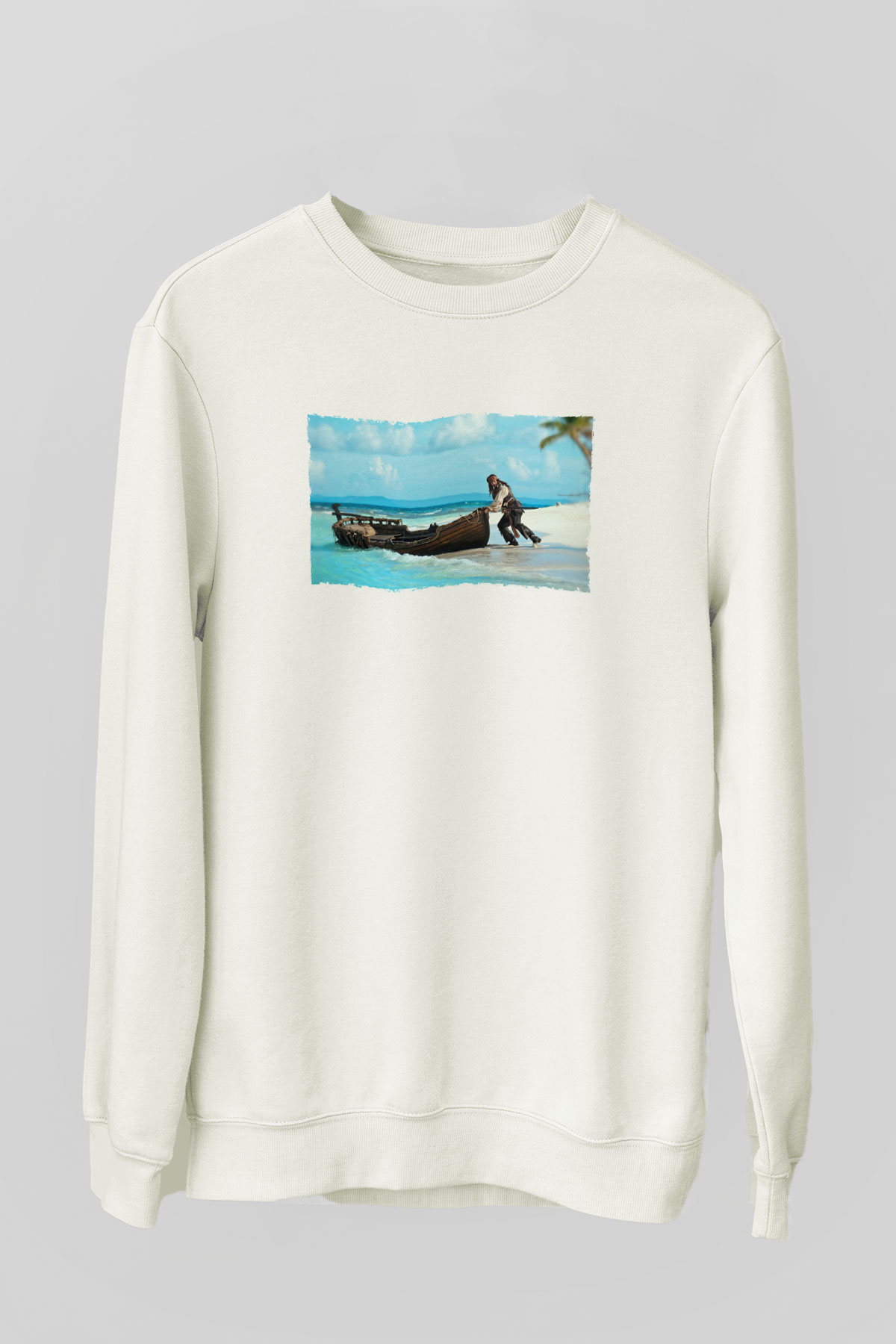 Unisex Karayip Korsanları (Pirates of the Caribbean) Baskılı Beyaz Sweatshirt