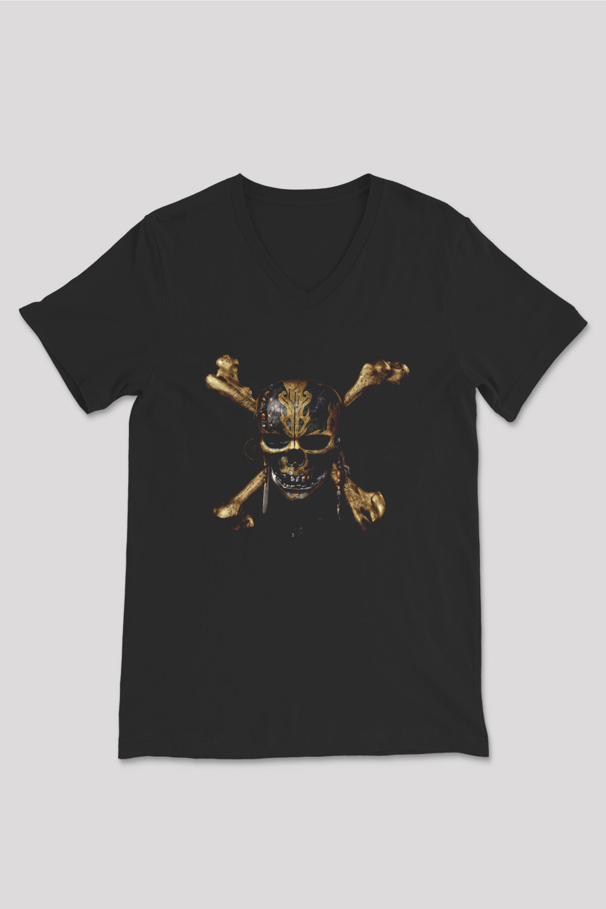 Unisex Karayip Korsanları (Pirates of the Caribbean) Baskılı Siyah V Yaka Tişört