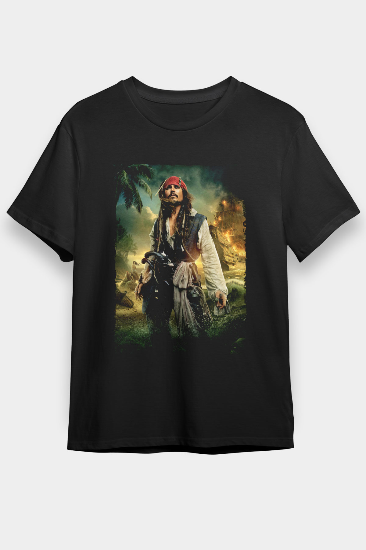 Unisex Karayip Korsanları (Pirates of the Caribbean) Baskılı Siyah Unisex Tişört