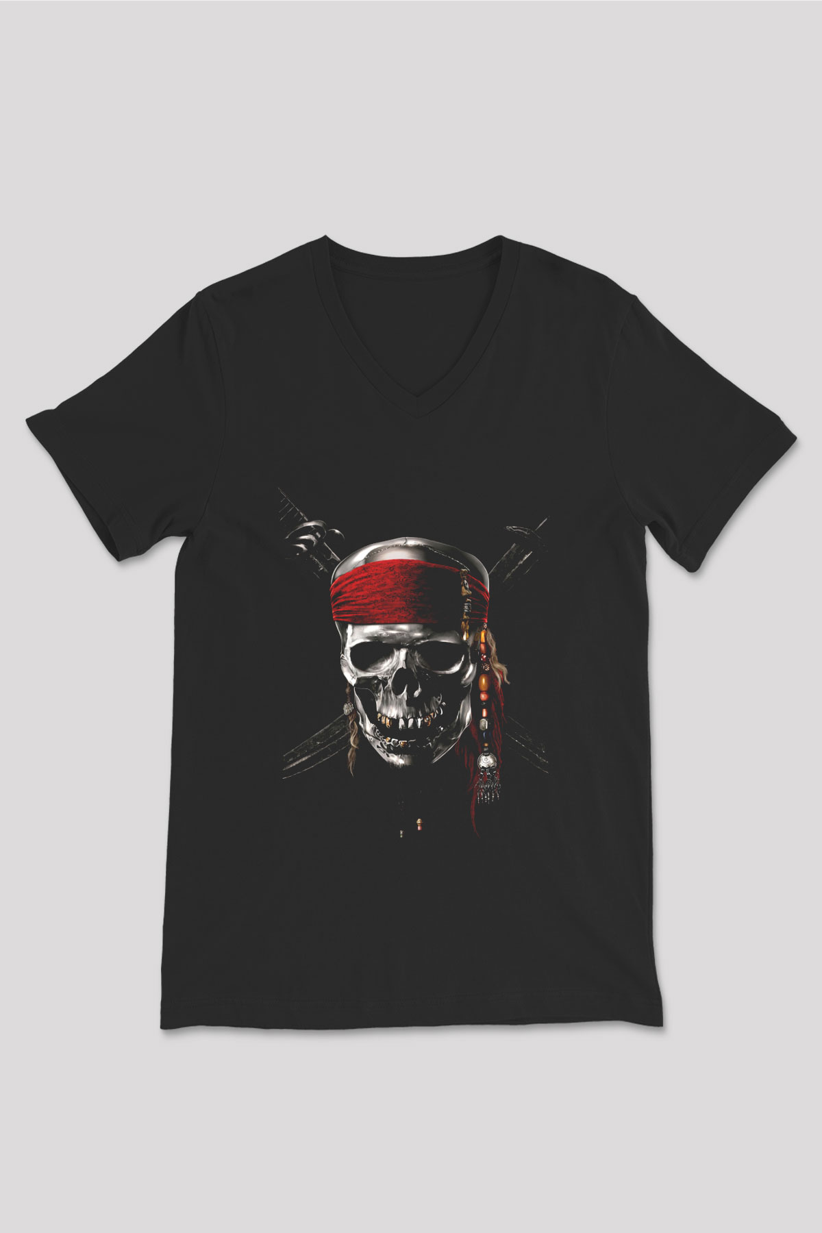 Unisex Karayip Korsanları (Pirates of the Caribbean) Baskılı Siyah Unisex V Yaka T-shirt