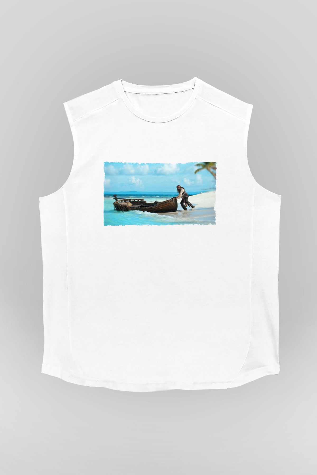Unisex Karayip Korsanları (Pirates of the Caribbean) Baskılı Beyaz Kolsuz Tişört