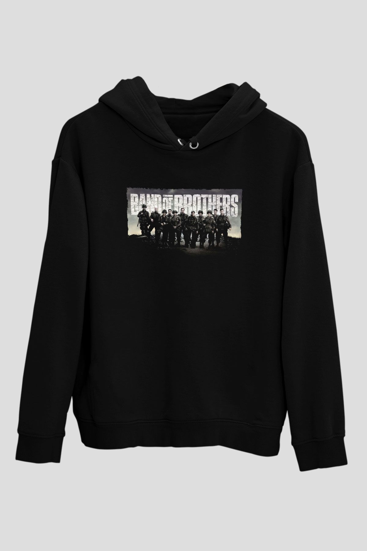 Unisex Kardeşler Takımı (Band of Brothers) Baskılı Siyah Kapüşonlu Sweatshirt