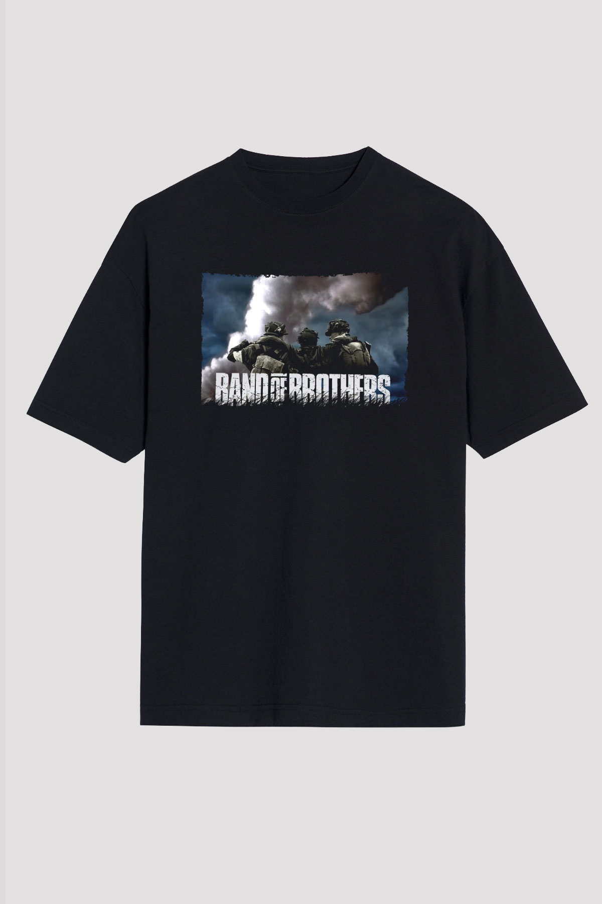 Unisex Kardeşler Takımı (Band of Brothers) Baskılı Siyah Oversize T-shirt