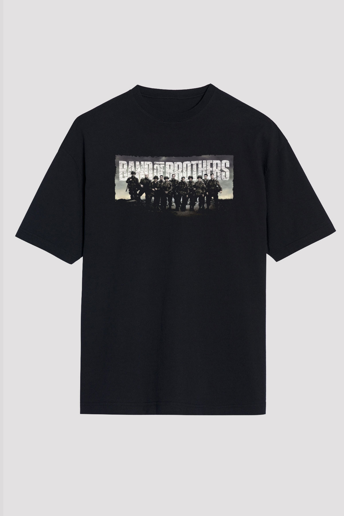 Unisex Kardeşler Takımı (Band of Brothers) Baskılı Siyah Oversize Tshirt