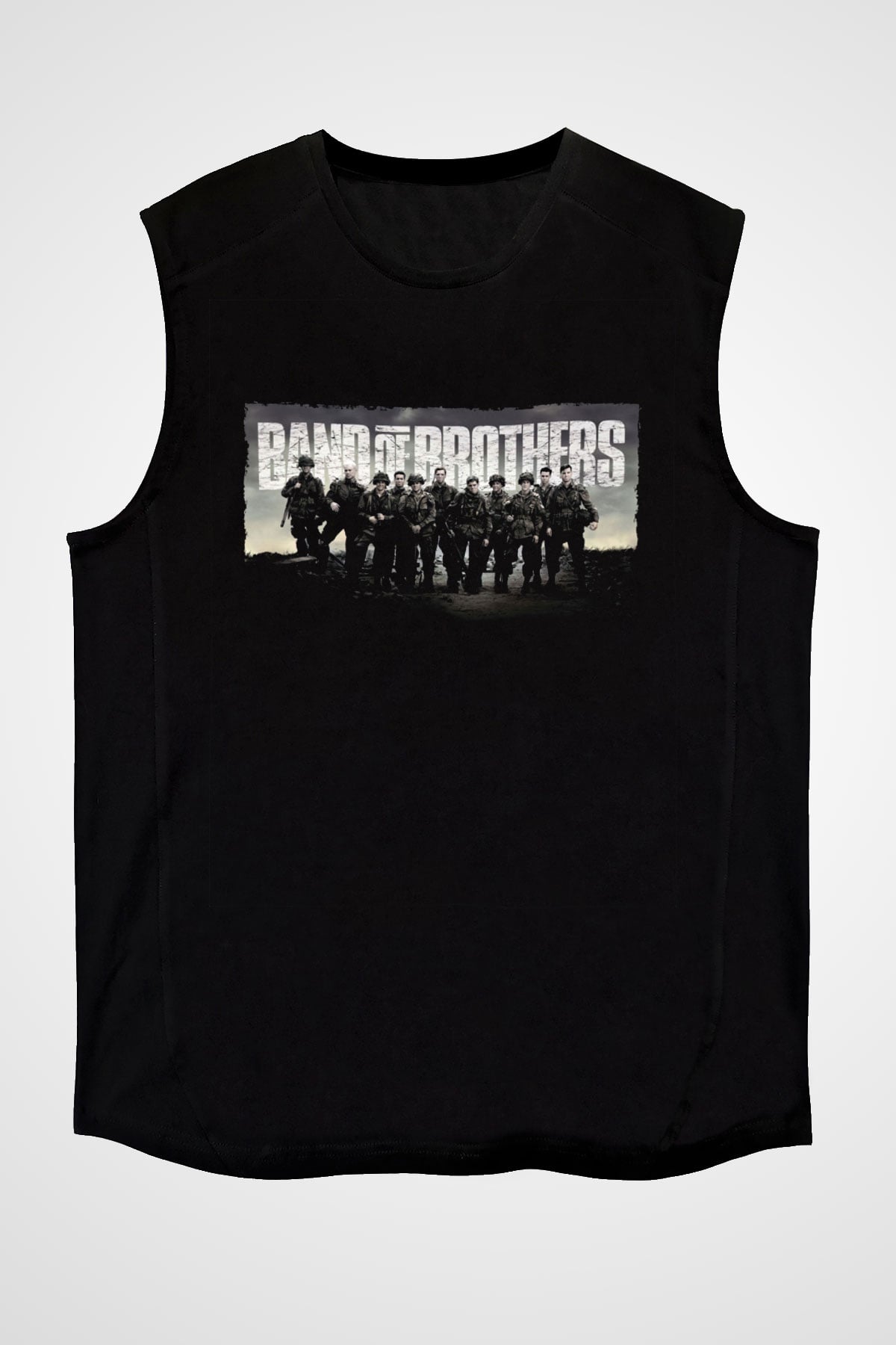 Unisex Kardeşler Takımı (Band of Brothers) Baskılı Siyah Kolsuz Tshirt