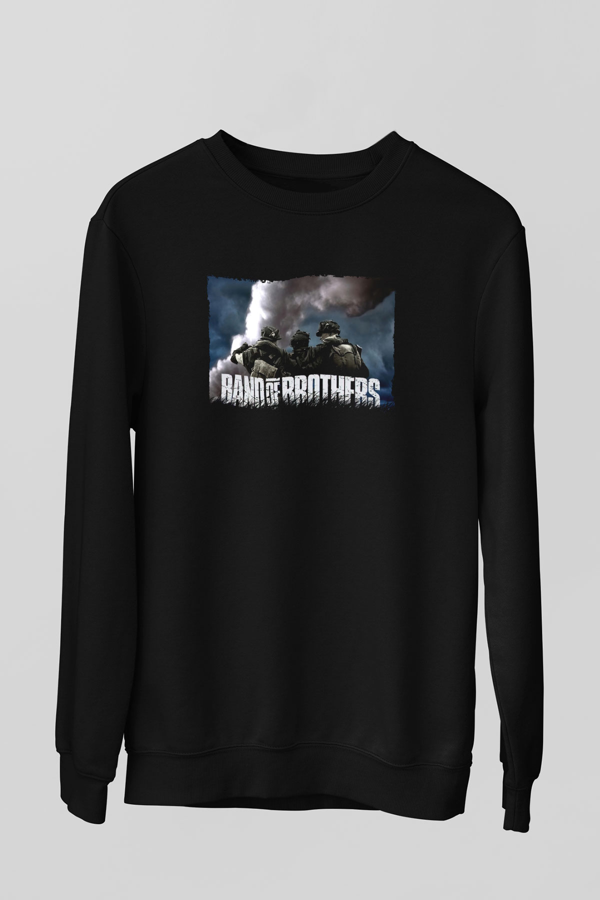 Unisex Kardeşler Takımı (Band of Brothers) Baskılı Siyah Sweatshirt