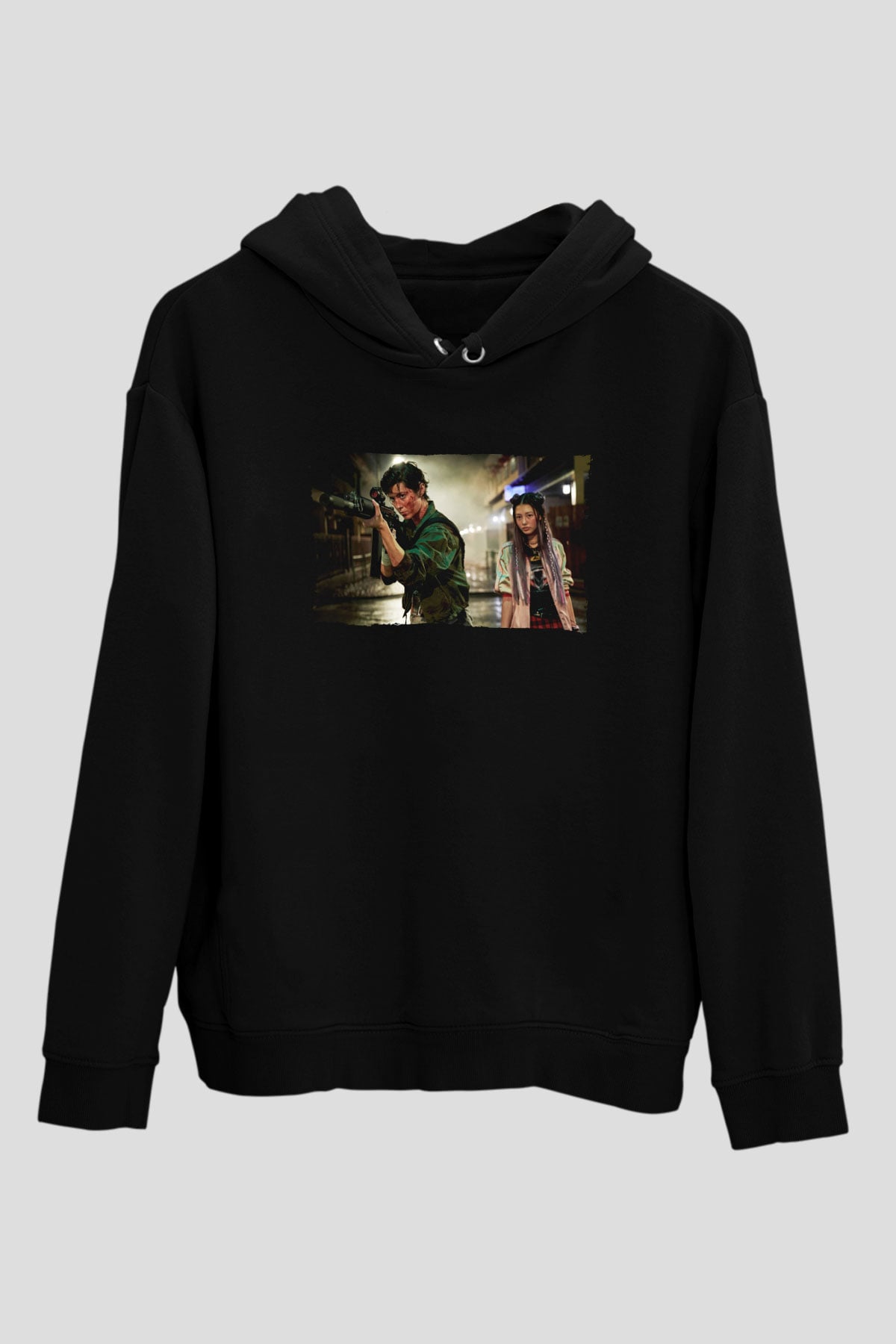Unisex Kate Baskılı Siyah Kapüşonlu Sweatshirt