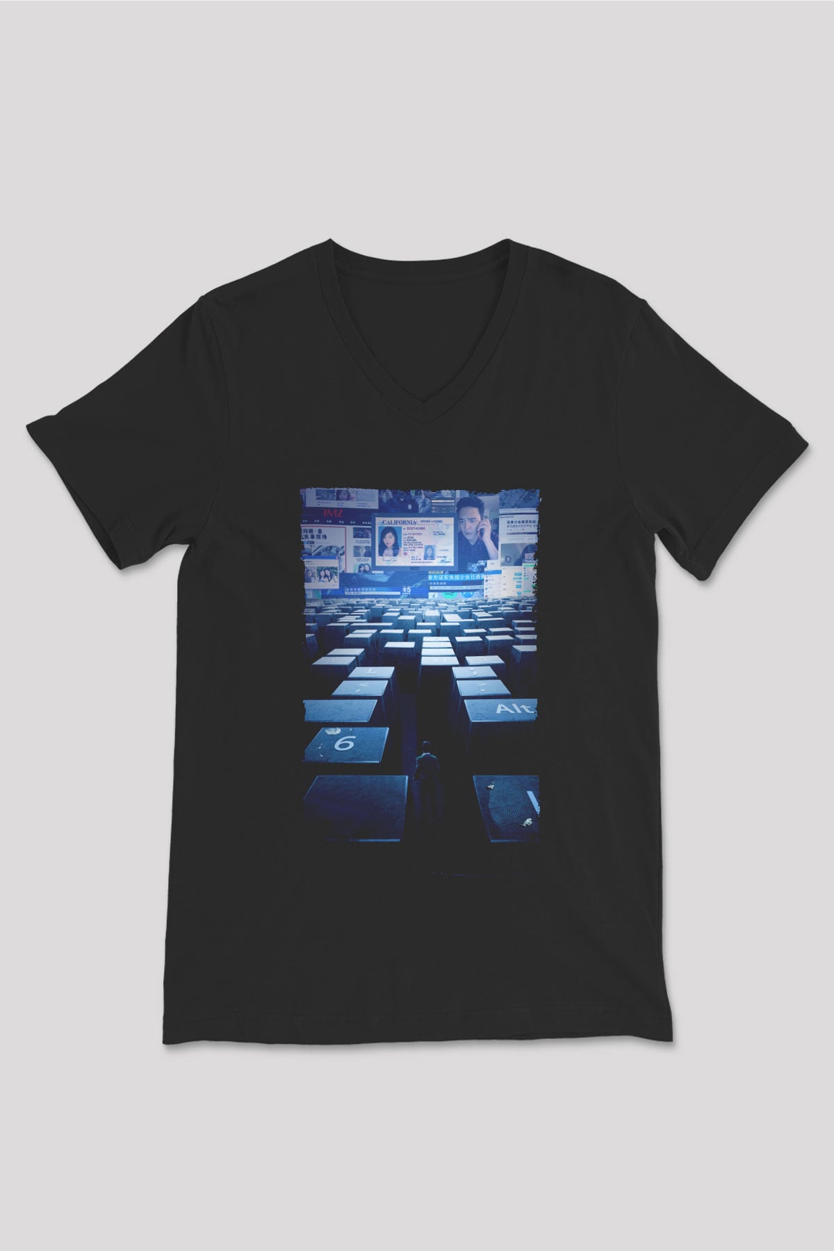 Unisex Kayıp Aranıyor (Searching) Baskılı Siyah V Yaka Tshirt