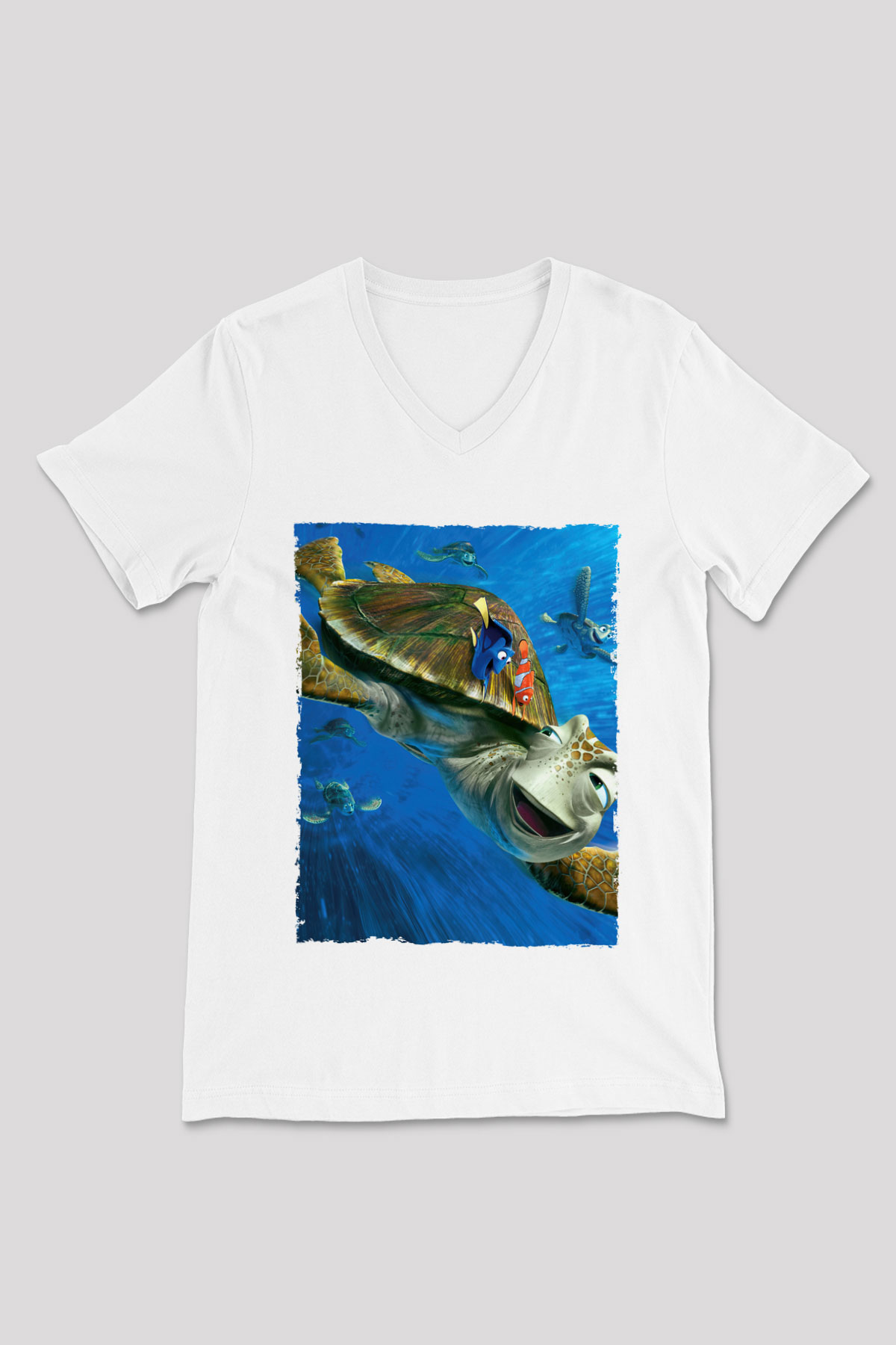Unisex Kayıp Balık Nemo (Finding Nemo) Baskılı Beyaz V Yaka Tişört