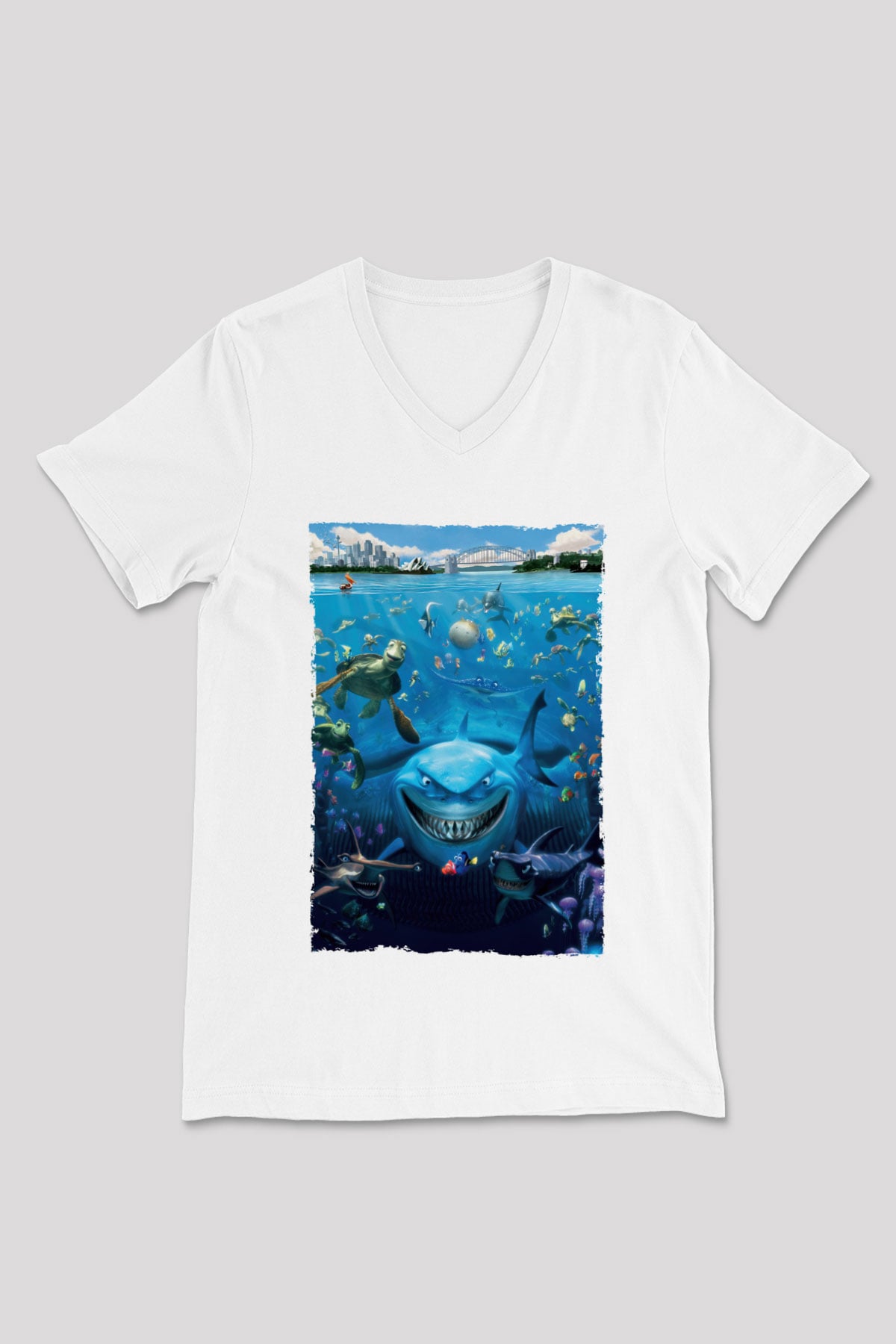 Unisex Kayıp Balık Nemo (Finding Nemo) Baskılı Beyaz V Yaka Tshirt