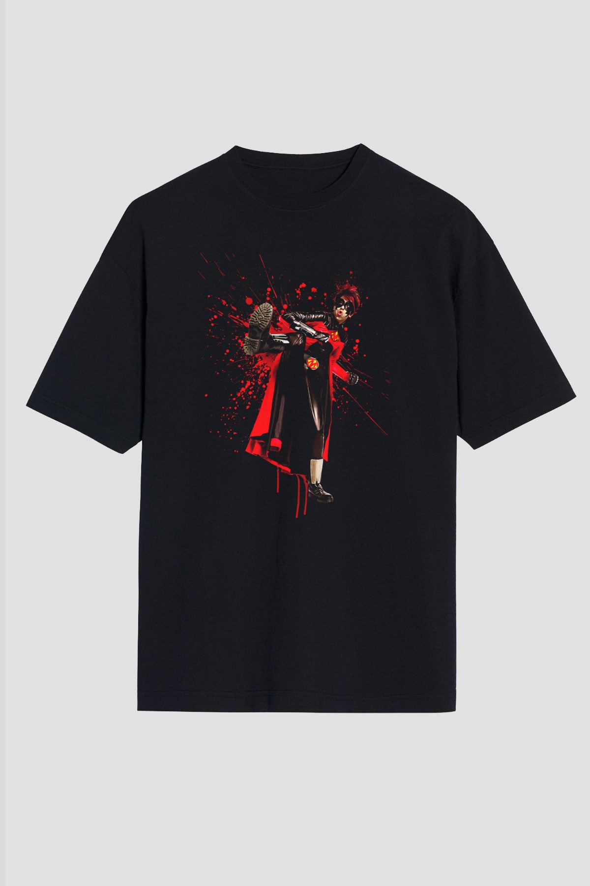 Unisex Kick-Ass Baskılı Siyah Oversize T-shirt