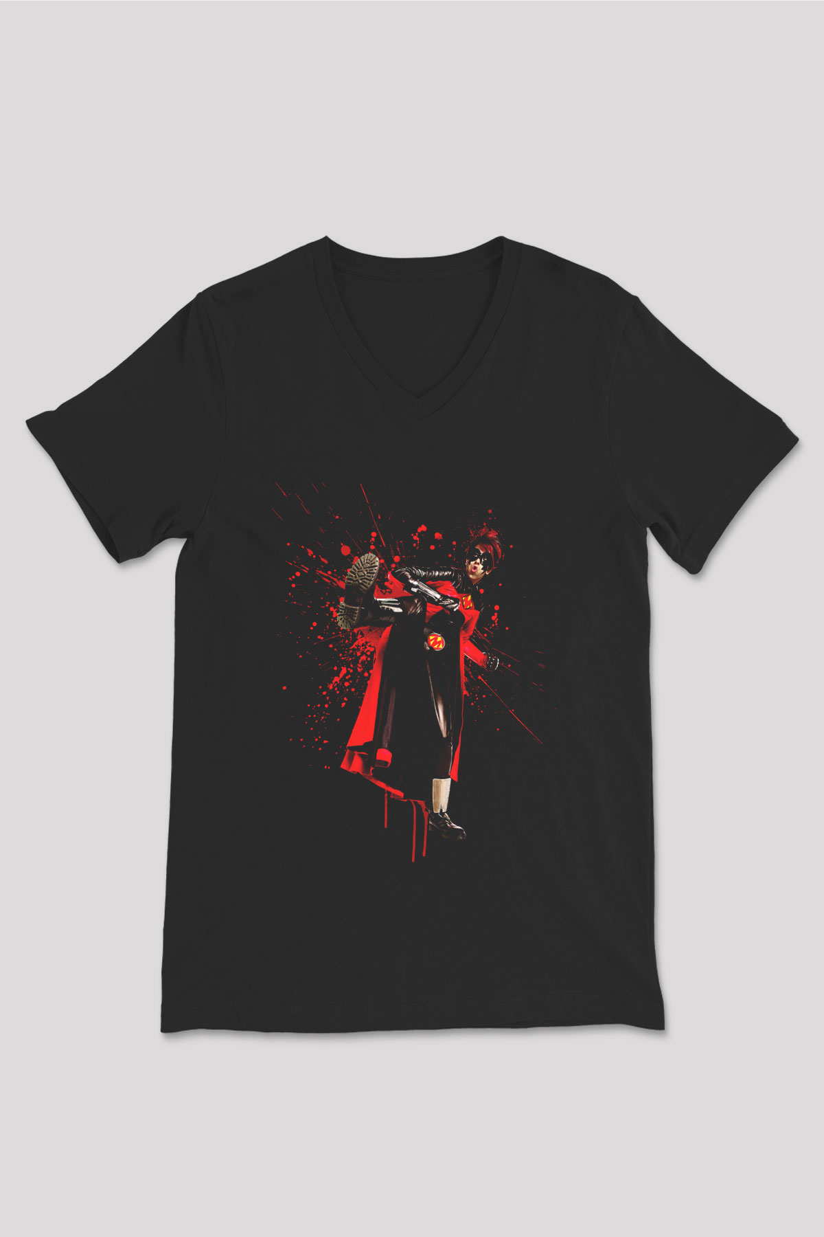 Unisex Kick-Ass Baskılı Siyah V Yaka T-shirt