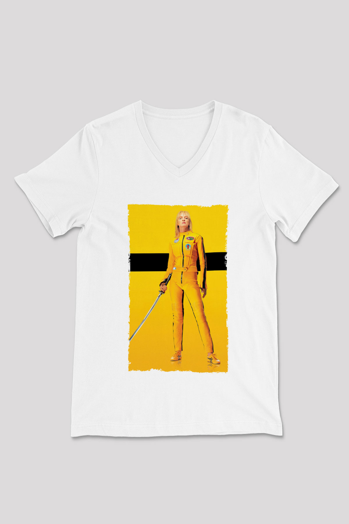 Unisex Kill Bill Baskılı Beyaz V Yaka Tshirt