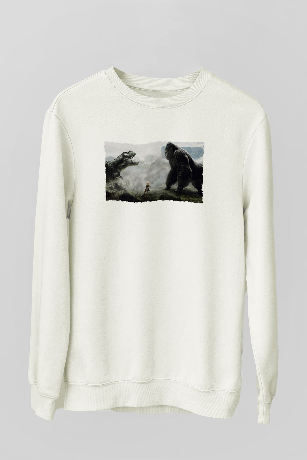 Unisex King Kong Baskılı Beyaz Sweatshirt
