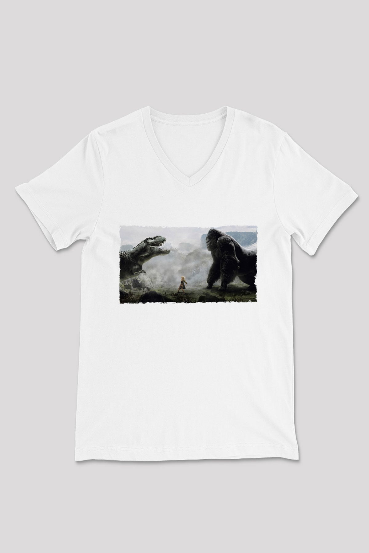 Unisex King Kong Baskılı Beyaz V Yaka Tshirt