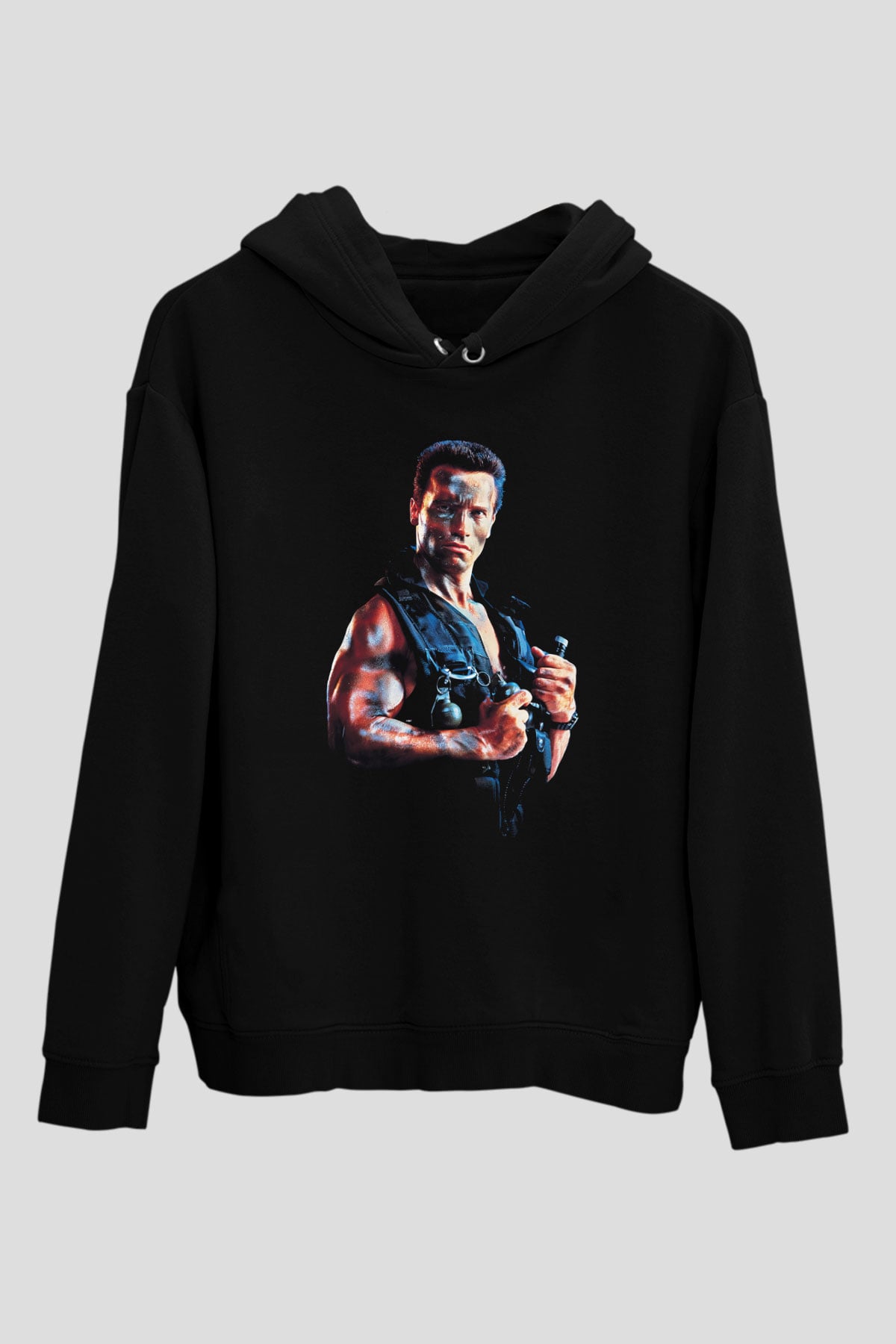 Unisex Komando (Commando) Baskılı Siyah Kapüşonlu Sweatshirt