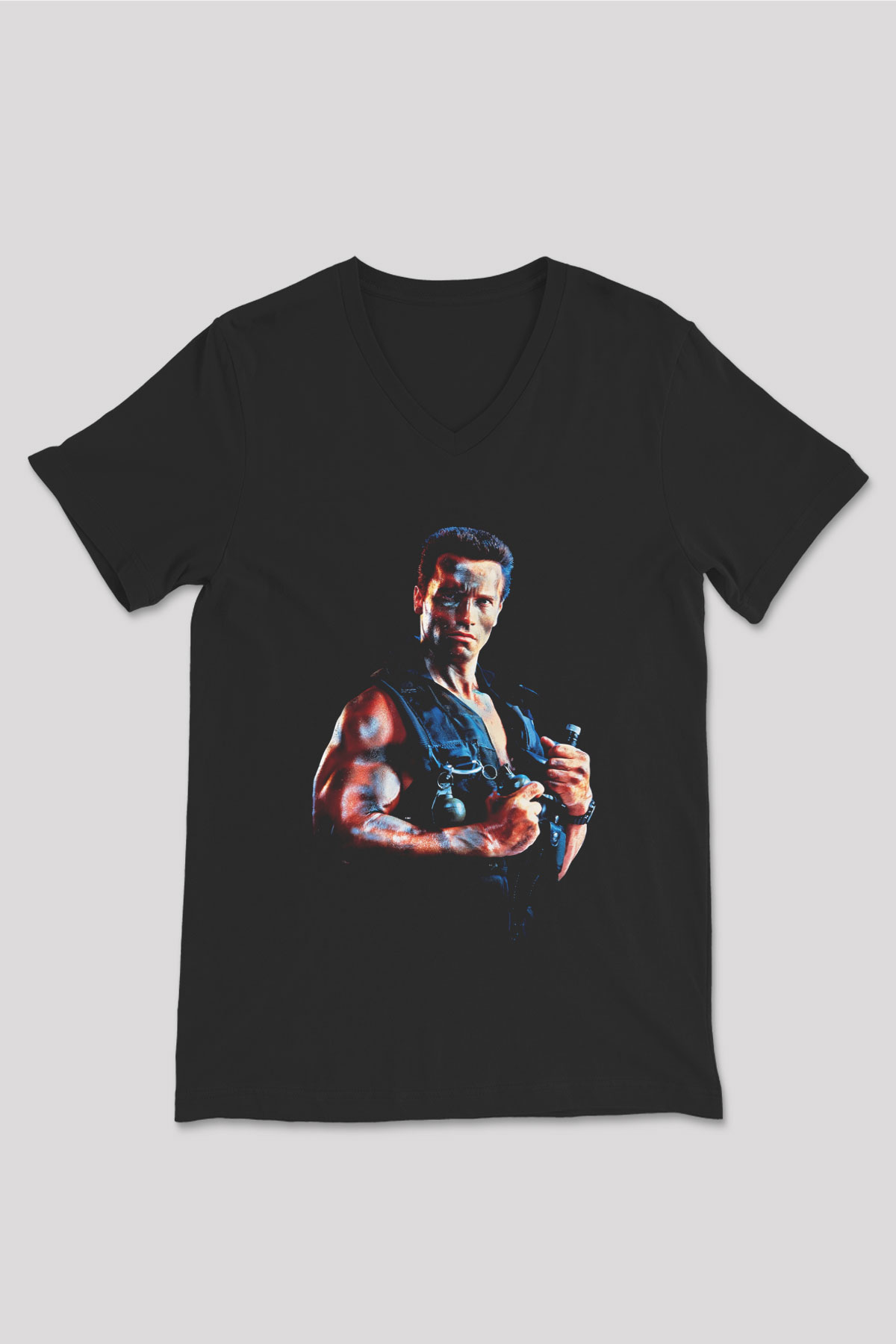 Unisex Komando (Commando) Baskılı Siyah V Yaka Tshirt
