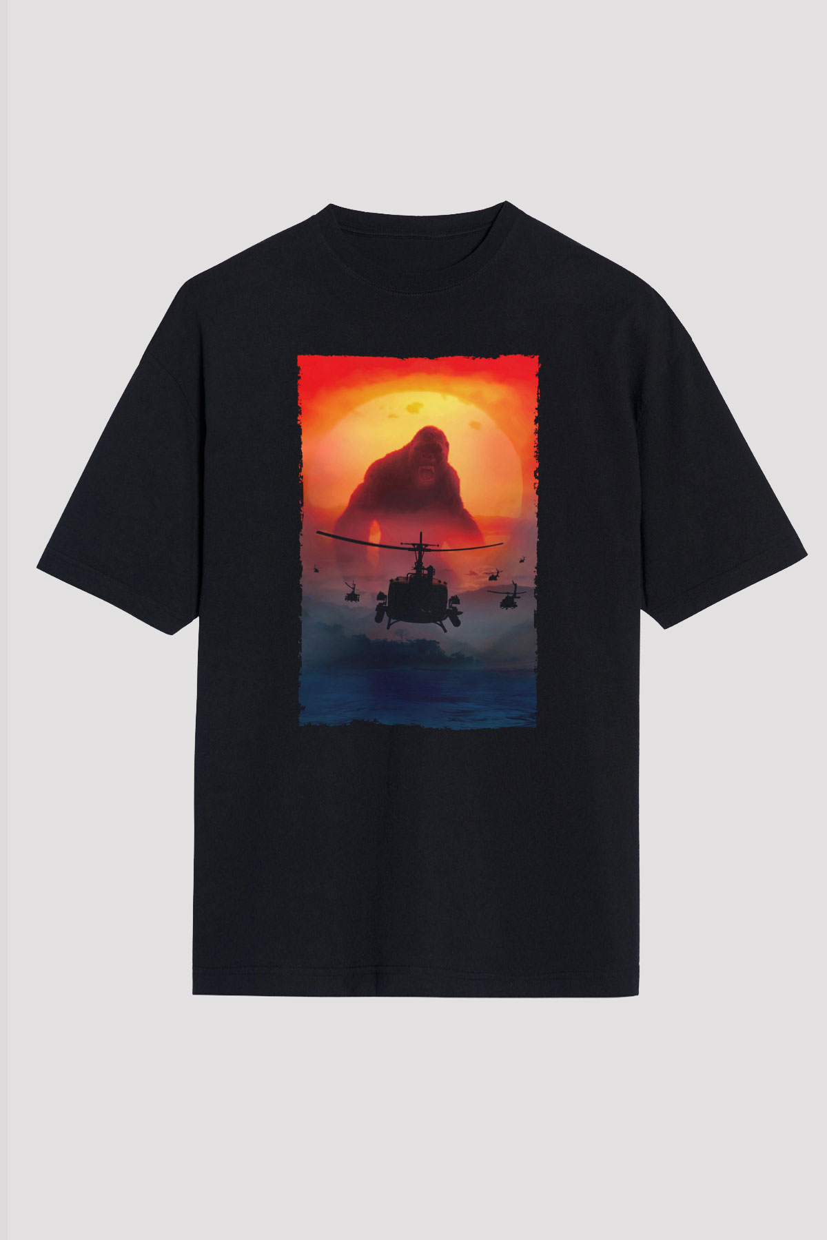 Unisex Kong Kafatası Adası (Kong Skull Island) Baskılı Siyah Unisex Oversize Tshirt