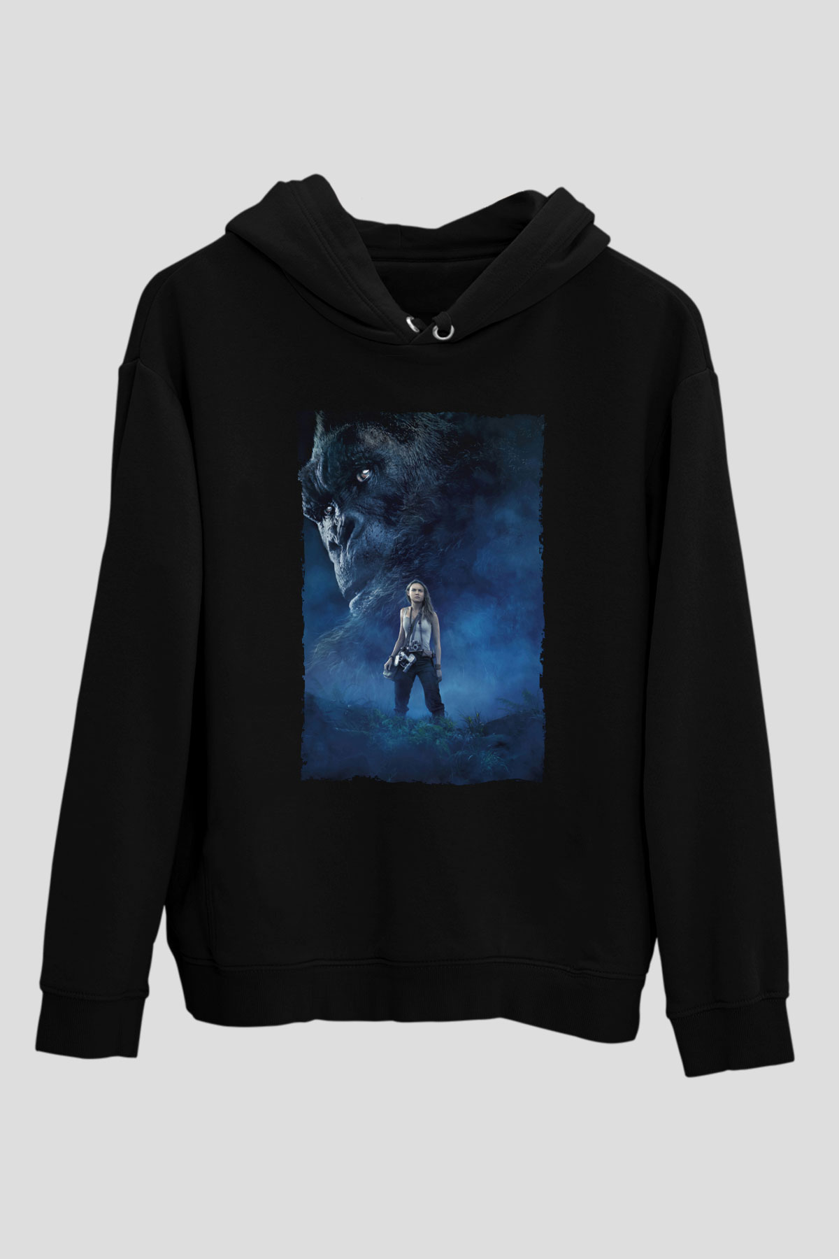 Unisex Kong Kafatası Adası (Kong Skull Island) Baskılı Siyah Kapüşonlu Sweatshirt