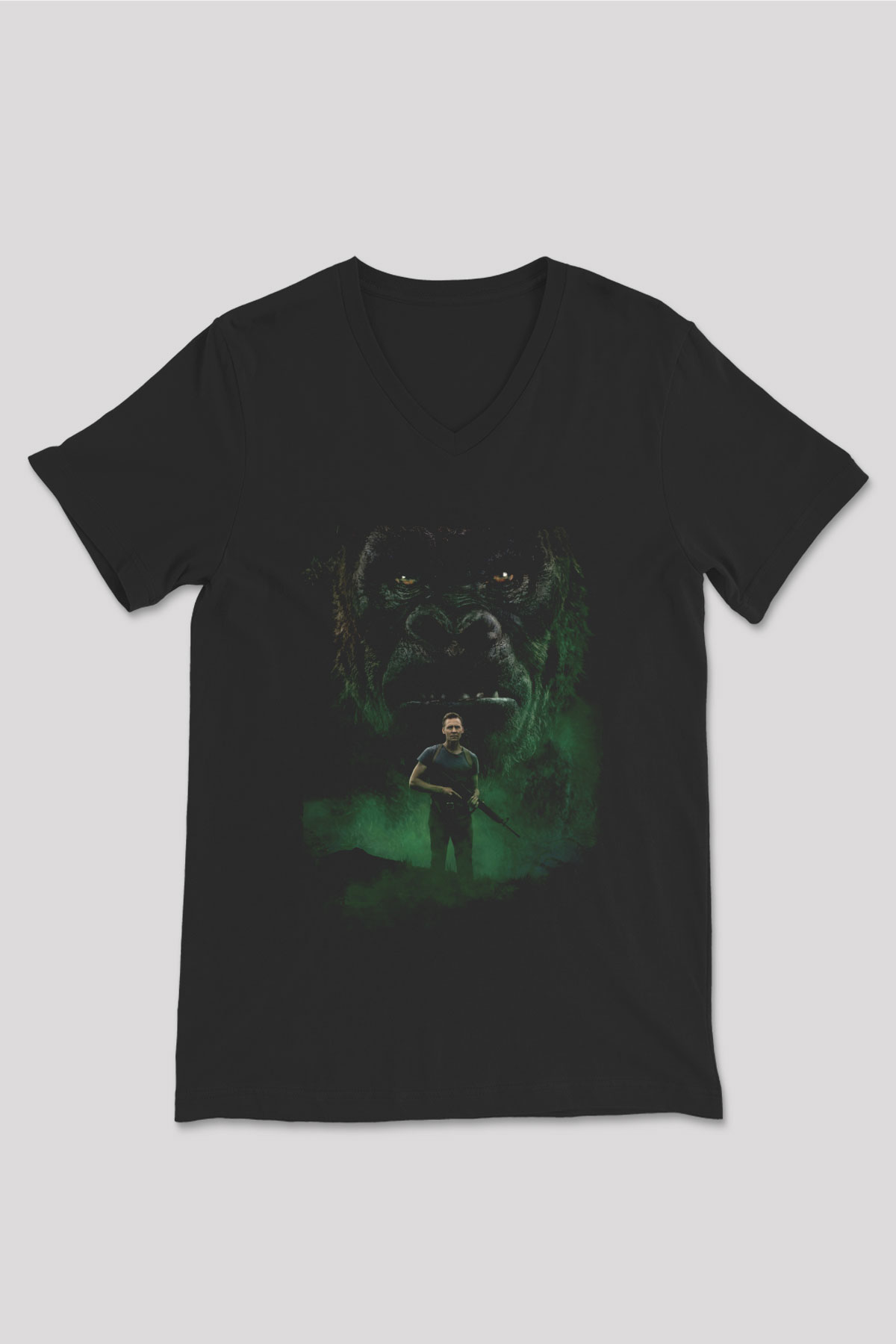 Unisex Kong Kafatası Adası (Kong Skull Island) Baskılı Siyah Unisex V Yaka T-shirt