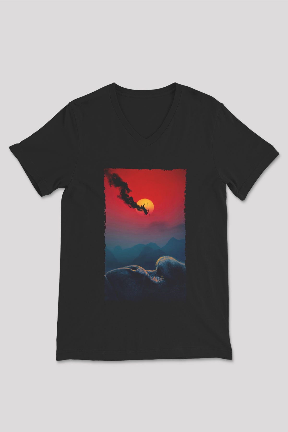 Unisex Kong Kafatası Adası (Kong Skull Island) Baskılı Siyah Unisex V Yaka Tişört
