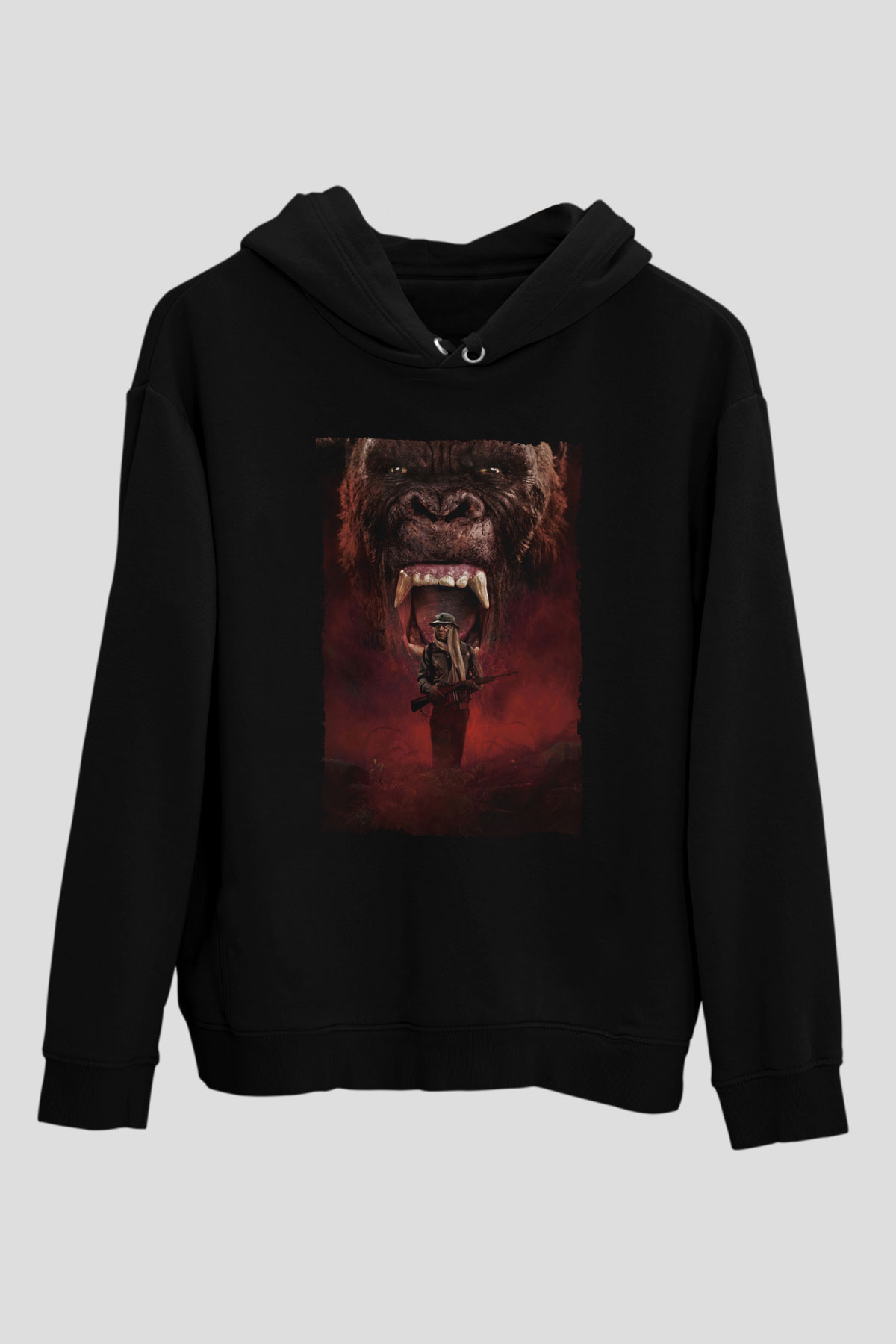 Unisex Kong Kafatası Adası (Kong Skull Island) Baskılı Siyah Kapüşonlu Sweatshirt