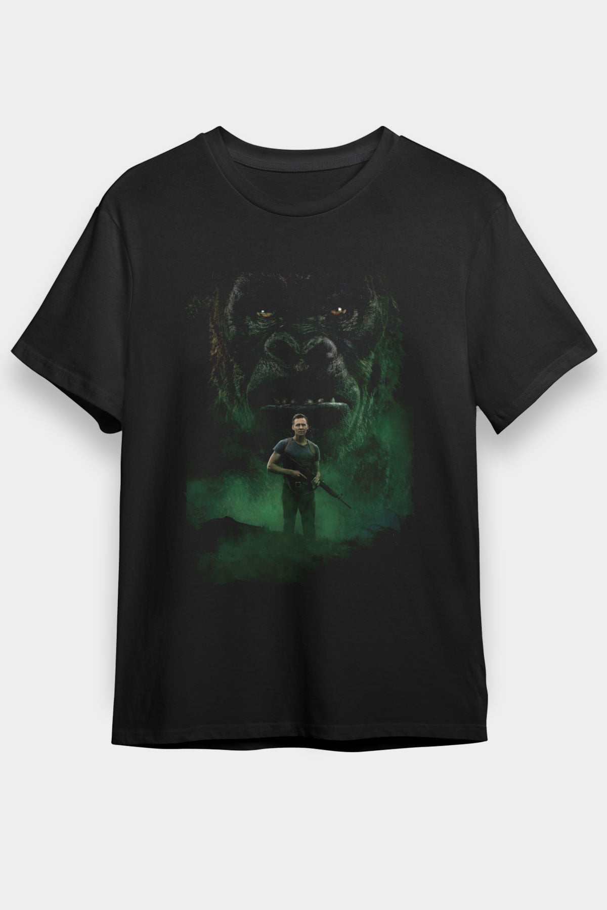 Unisex Kong Kafatası Adası (Kong Skull Island) Baskılı Siyah Unisex T-Shirt